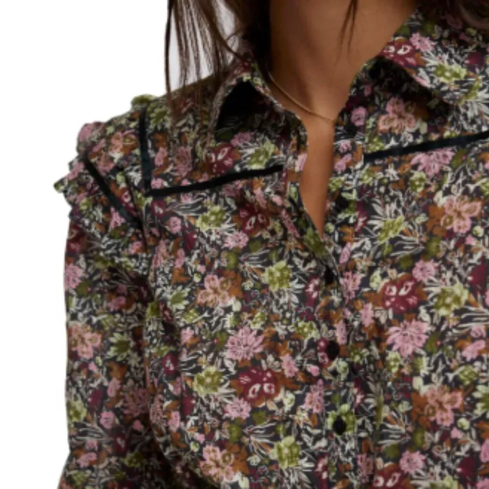 Free People NWT Daybreak Blouse Floral Long Sleeve Ruffles